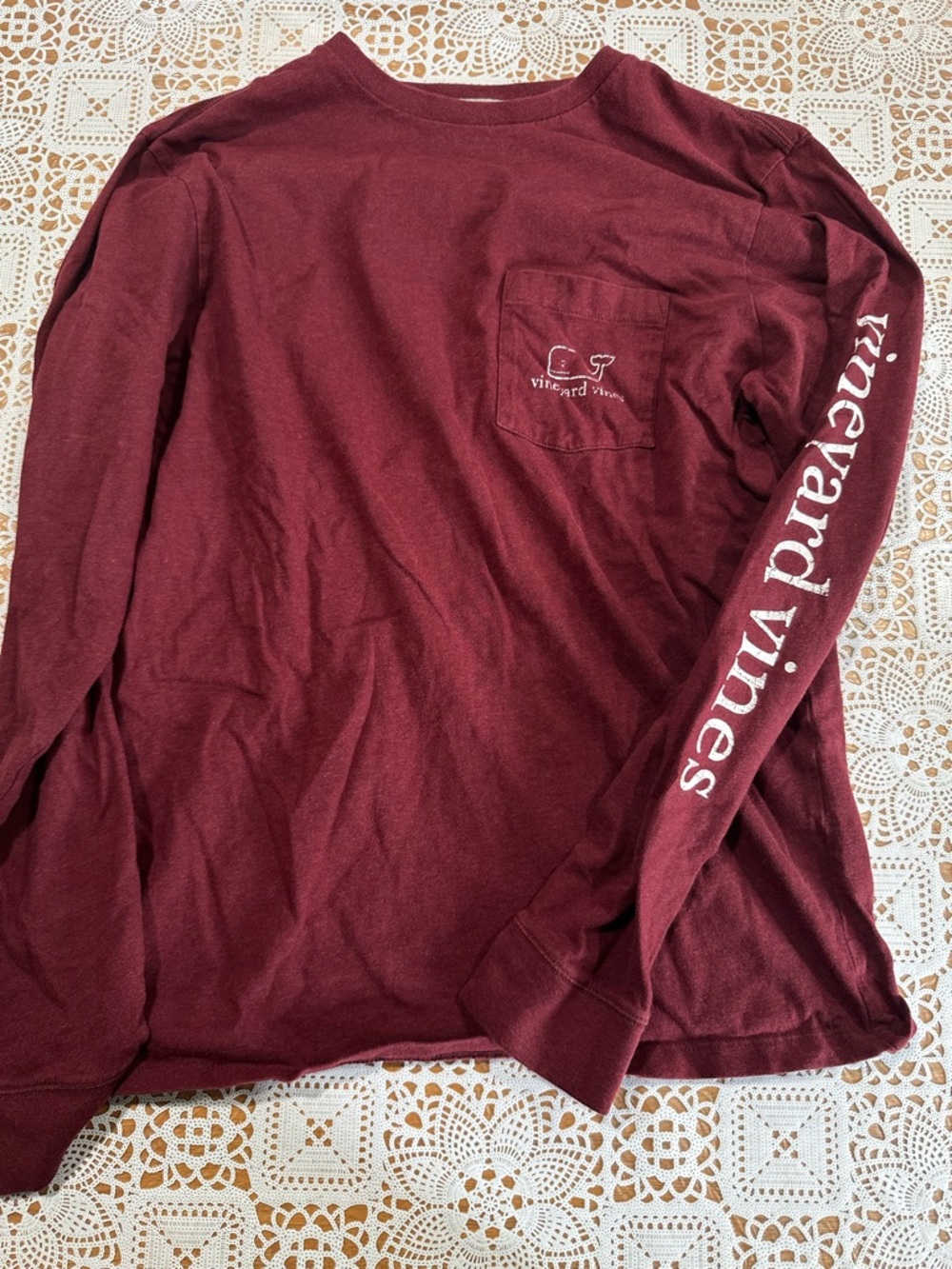 Vineyard Vines Maroon Long-Sleeve Pocket Tee with White Sleeve Logo